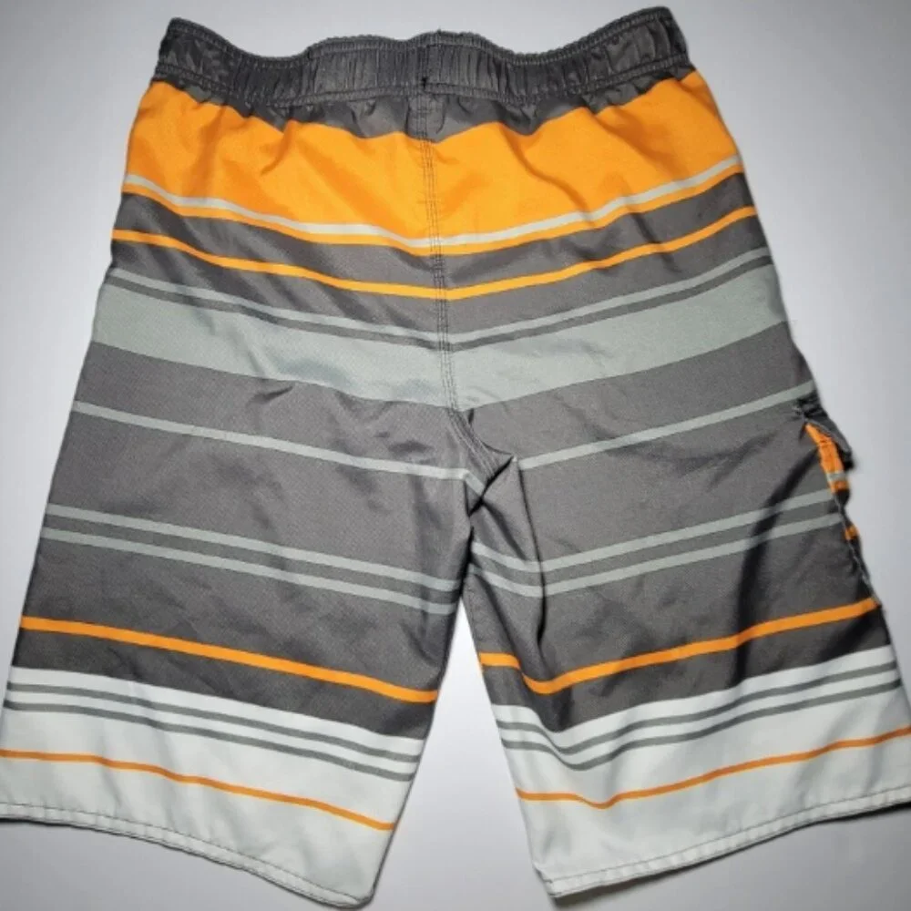 Hang Ten Mens Orange and Gray Striped Swim Trunks With 1 Pocket Size Large
